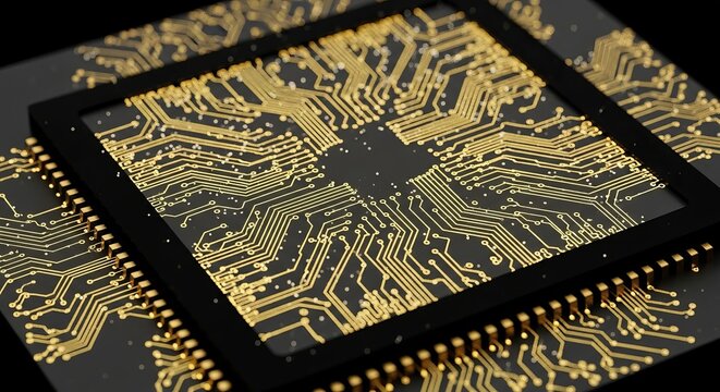 Close up of a glowing golden circuit board with intricate pathways and connections on a dark background