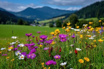 Fototapeta premium A colorful field of wildflowers in full bloom with scenic backdrop of green hills, showcasing the natural beauty and vibrant colors of rural countryside.