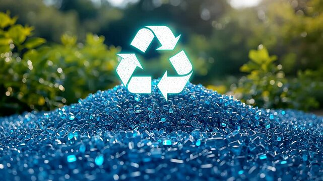 Glowing Green Recycling Symbol on Pile of Blue Plastic Granules in Natural Green Background