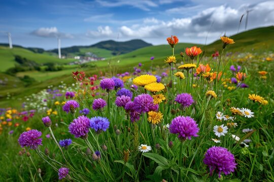 Vibrant wildflowers in a lush meadow on a sunny day with rolling green hills and wind turbines in the distance, capturing a serene and colorful landscape