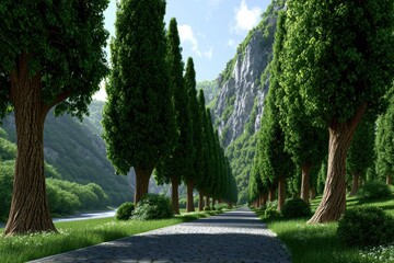 A picturesque pathway through a lush green landscape with tall trees and a serene river, leading towards majestic mountain views under a bright sunny sky.