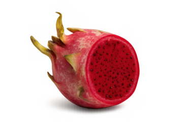 Dragon fruit half showing vivid red pulp and tiny black seeds, a healthy exotic superfood on transparent background