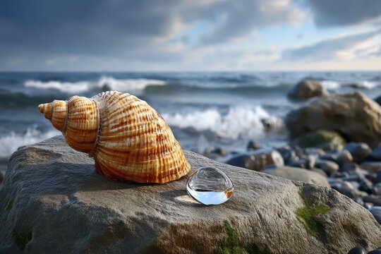 A striking close-up of a seashell and water droplet on a rocky beach, with the ocean and sky blurred in the background adding depth, beauty, and tranquility.