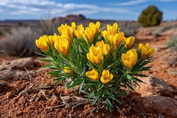A vibrant cluster of yellow alpine wildflowers bloom against a desert backdrop, showcasing nature's resilience, with mountains and blue sky in the distance.