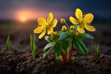 A captivating close-up of vibrant yellow wildflowers at sunset, covered in dewdrops, surrounded by rich soil, creating a serene and natural atmosphere of growth and beauty.