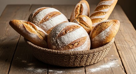 Assortment of freshly baked artisan breads in a woven basket on a rustic wooden table
