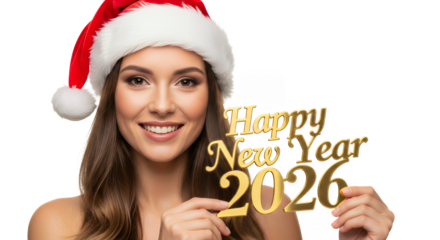 Smiling woman in santa hat holding happy new year 2026 sign holiday celebration on transparent background