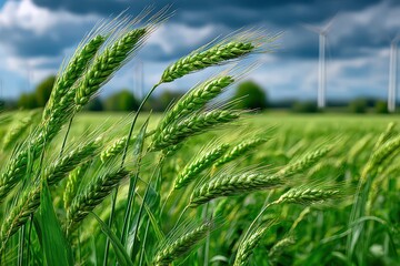 Close-up of a vibrant green wheat field with windmills in the background, presenting a beautiful and sustainable agricultural landscape under a cloudy sky on a summer day