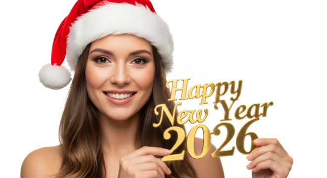 Smiling woman in santa hat holding happy new year 2026 sign holiday celebration on transparent background