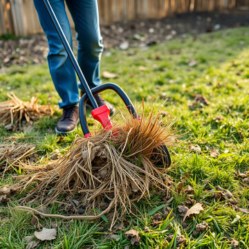 Removing dead grass after winter, spring care of grass, rural garden concept, Debris Left Over by an mechanical Lawn dethatcher, dry grass maintenance. Nature background, climate change