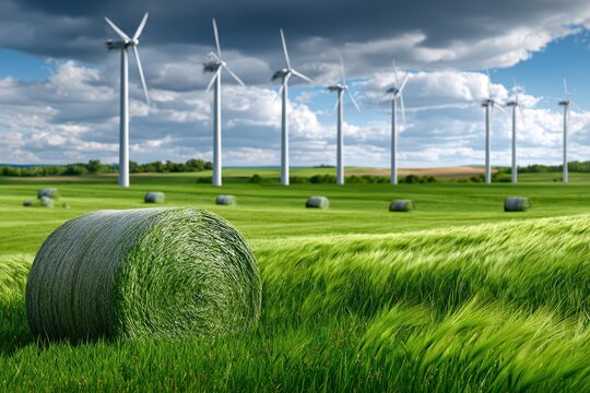 A picturesque view of wind turbines on a green field with hay bales, showcasing sustainable energy and rural harmony under a cloudy sky, offering a serene vista.