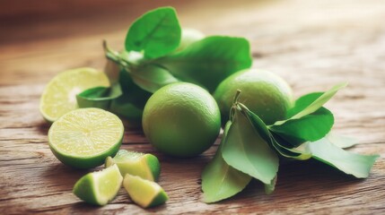 Fresh Green Limes with Leaves on Rustic Wooden Surface. Generative AI