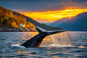 Fototapeta premium A majestic humpback whale raising its tail above the water during a vibrant sunset, creating a stunning silhouette against the colorful sky with beautiful reflections.