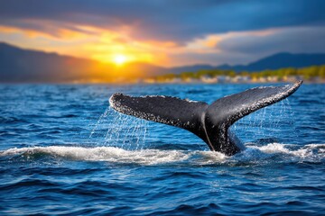 Fototapeta premium A captivating view of a humpback whale tail breaching the ocean surface, illuminated by a vibrant sunset and clear blue water creating a scenic aquatic experience.