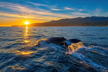 Majestic humpback whale diving into the ocean at sunset with golden light reflecting on its tail, picturesque mountain range in the background, breathtaking marine scenery.