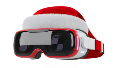 Virtual reality headset with santa hat for christmas holiday season promotion on transparent background