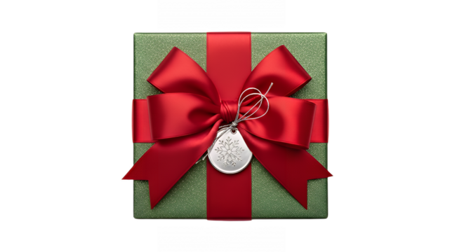 Beautiful green christmas gift box with red ribbon and snowflake tag overhead on transparent background