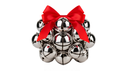 Silver jingle bells with a red bow for christmas on transparent background