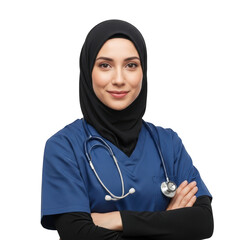 Muslim nurse wearing hijab and stethoscope isolated on transparent background