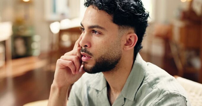 Stress, man and thinking on sofa at house with worry, regret mistake and disappointed with decision. Male person, vision and reflection with negative thoughts, emotional fatigue and nostalgia memory