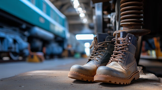 Faceless worker&rsquo;s boots standing near undercarriage, focus on steel springs and dusty floor, defocused train background, with copy space.