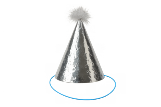 Silver party hat with a fluffy white pom-pom and elastic chin strap, ready for celebrations, festive occasions, and holiday fun