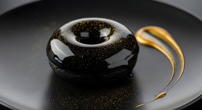 Indulge in the allure of a stunning black donut with shimmering golden accents, a modern dessert masterpiece that elevates any occasion with elegance and style - Powered by Adobe