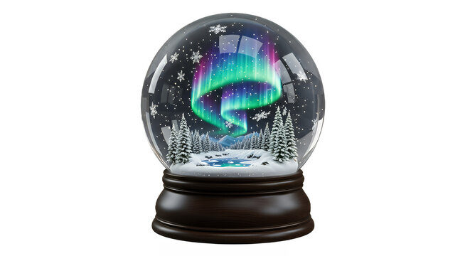 Aurora borealis snow globe with winter scene and snowflakes on transparent background