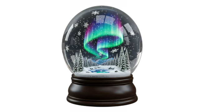 Aurora borealis snow globe with winter scene and snowflakes on transparent background