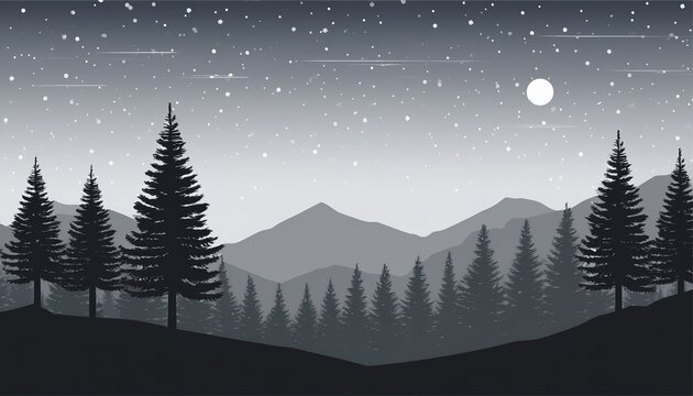 monochrome mountain landscape with pine trees and night sky stock