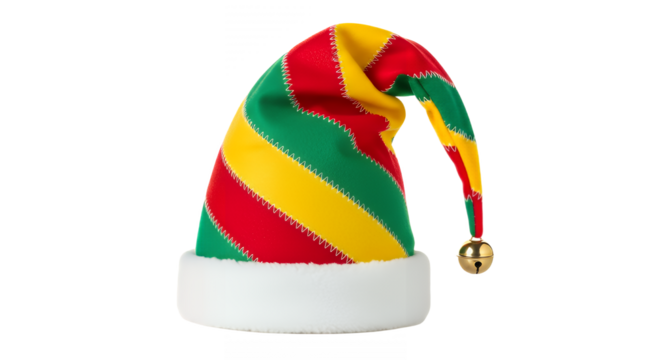 Festive elf hat with red yellow and green stripes against on transparent background