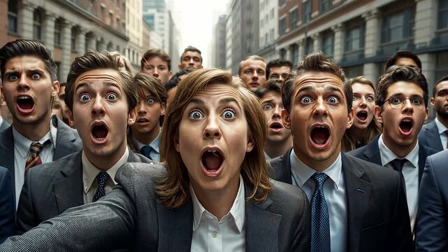 Shocked Business People with Open Mouths Standing in Busy Urban Street Crowd Scene