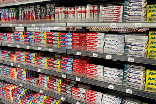 Bar, Montenegro, 30 October 2025, Toothbrushes and toothpastes supermarket shelf