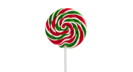 Festive red and green lollipop on a stick against a stark shot on transparent background
