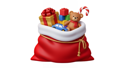 Santa's sack filled with toys and gifts ready for christmas morning delivery on transparent background
