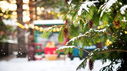 Close up of snow covered pine branches with pinecones in front of a blurred winter market scene with festive lights and gifts