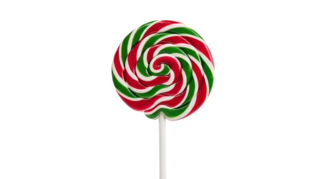 Festive red and green lollipop on a stick against a stark shot on transparent background