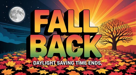 Fall back daylight saving time ends with autumn leaves moon and sunset tree scene