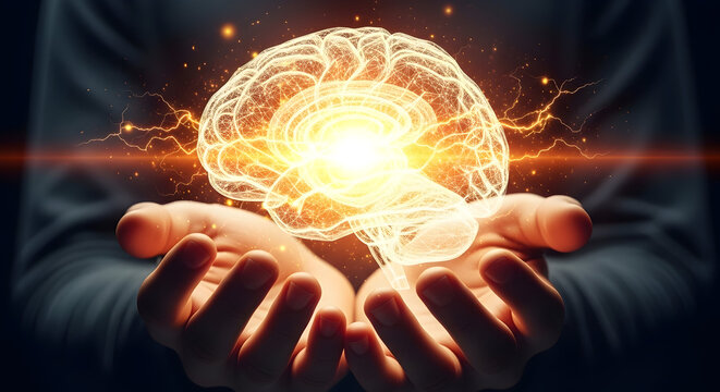 Human hands cradling a glowing translucent brain filled with bright light and energy sparks symbolizing innovation and new ideas