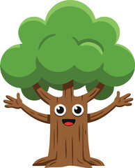Fototapeta premium Happy tree character with green foliage and open arms cartoon vector illustration for nature and environment concepts 
