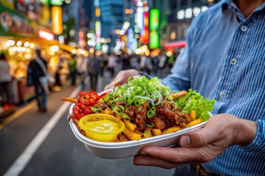 A tasty meal in a white plate held by a man on a street with food stalls with fried potatoes, meat with sesame and green onions, peppers and a bowl of sauce.