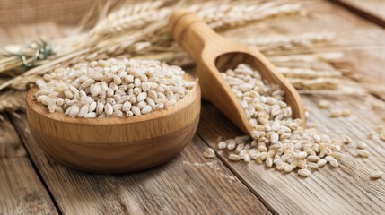Pearl barley grains in a wooden bowl and scoop on rustic table. Generative AI