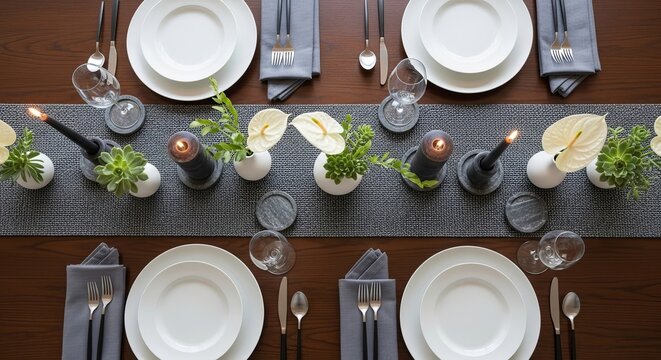 Elegant easter table setting with white plates grey napkins and spring greenery on a dark wooden table