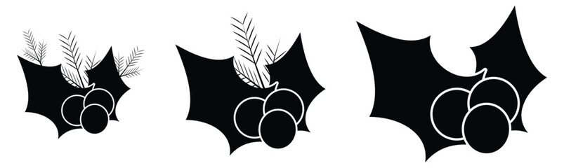Holly Berry Christmas Icon Set – Monochrome Silhouette and Festive Leaf Illustrations