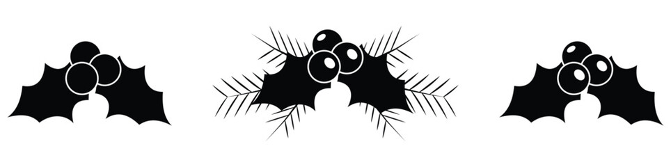 Holly Berry Christmas Icon Set – Monochrome Silhouette and Festive Leaf Illustrations