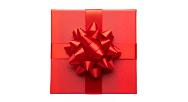 Elegant red gift box with matching ribbon and bow view on transparent background