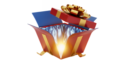 Red gift box with golden ribbon and light emitting from inside on transparent background