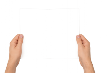 Male hands holding an open blank book or brochure for mockup. Isolated on transparent background, png