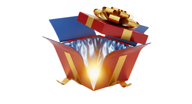 Red gift box with golden ribbon and light emitting from inside on transparent background - Powered by Adobe
