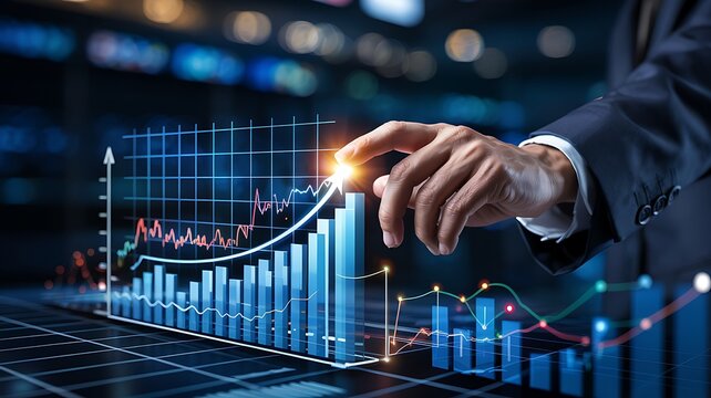 Close up of a businessman s hand interacting with a glowing 3d financial stock market graph showing upward growth and data analysis